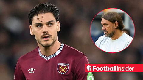 Konstantinos Mavropanos in action for West Ham, with Daniel Farke in a circular inset