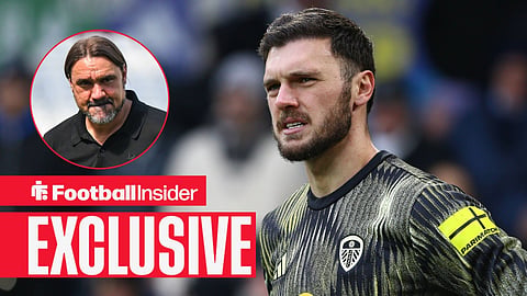 Football Insider exclusive as Leeds goalkeeper Lucas Perri stares towards manager Daniel Farke, who looks concerned in a circular inset.