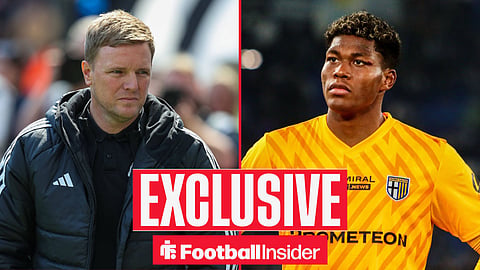 Football Insider exclusive as Newcastle manager Eddie Howe stares across a split image towards Parma goalkeeper Zion Suzuki.