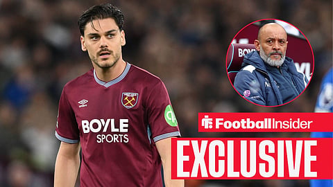 Football Insider exclusive as West Ham defender Konstantinos Mavropanos stares towards manager Nuno Espirito Santo, who looks concerned in a circular inset.