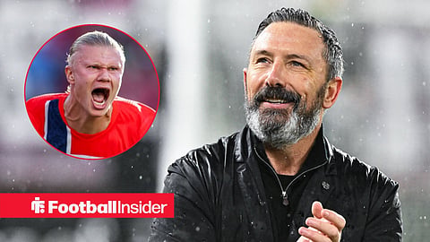 Derek McInnes applauding post-match, with Erling Haaland in a circular inset