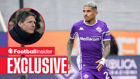 Football Insider exclusive as Fiorentina defender Dodo is in action, while Nottingham Forest manager Oliver Glasner watches from a circular inset.