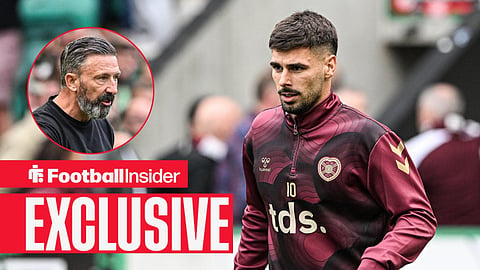 Football Insider exclusive as Claudio Braga warms up for Hearts, while Rangers manager Derek McInnes watches from a circular inset.