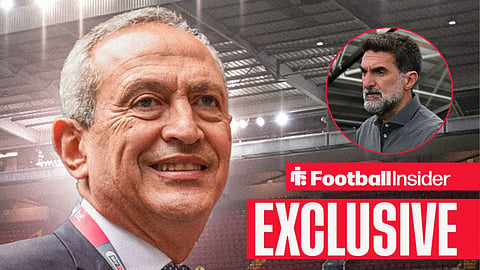 Football Insider exclusive as Aston Villa owner Nassef Sawiris stares towards Newcastle chief Yasir Al Rumayyan, who watches from a circular inset.
