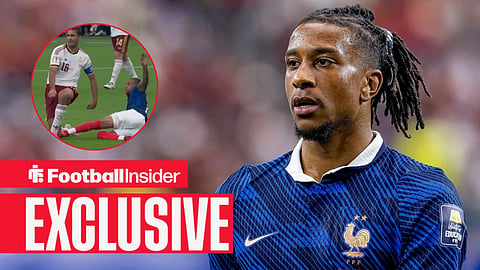 Michael Olise tackles Rodri left inset with Olise main picture in action