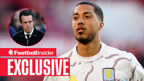 Football Insider exclusive as Youri Tielemans stares towards Aston Villa manager Unai Emery, who looks disappointed in a circular inset.