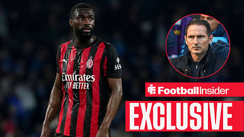 Football Insider exclusive as AC Milan centre-back Fikayo Tomori stares towards Coventry manager Frank Lampard, who watches from a circular inset.