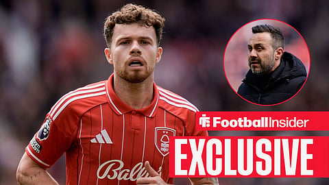 Football Insider exclusive as Nottingham Forest defender Neco Williams stares towards Tottenham boss Roberto De Zerbi, who watches from a circular inset.