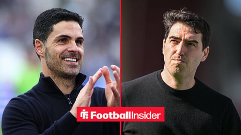 Mikel Arteta clapping fans and smiling with Andoni Iraola looking upwards annoyed