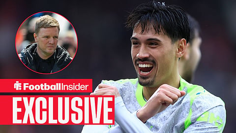 Tijjani Reijnders celebrating making an 'X' sign towards Eddie Howe on sideline left inset