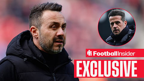 Roberto De Zerbi frowning on sideline at Marco Silva right inset