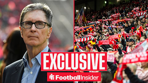 Football Insider exclusive as Liverpool owner John Henry stares across a split image towards the fans, who hold scarves aloft in the stands.