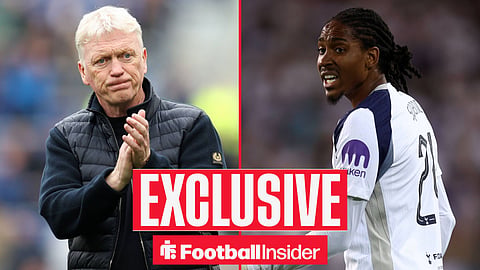 Football Insider exclusive as Everton manager David Moyes applauds, while Tottenham defender Djed Spence is in action on the other side of a split image.