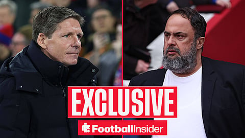 Football Insider exclusive as Nottingham Forest manager Oliver Glasner stares across a split image towards owner Evangelos Marinakis.