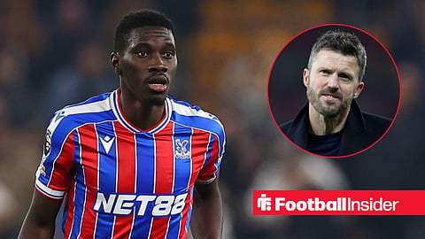 Ismaila Sarr in action looking towards Michael Carrick right inset smiling at fans