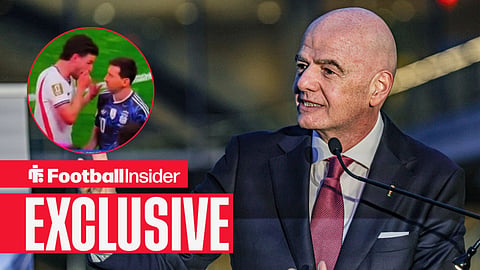 Gianni Infantino, President of FIFA speaks at a high-level reception hosted by Qatar at UNHQ under the theme From FIFA World Cup 2022 To FIFA World Cup 2026 / England and Arsenal star covers his mouth when talking to Lionel Messi at the 2026 World Cup