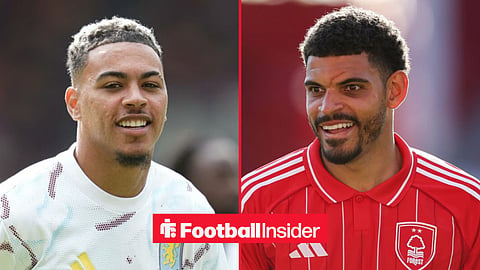 Morgan Rogers in action for Aston Villa, with Morgan Gibbs-White in action for Nottingham Forest