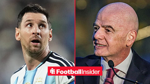 Lionel Messi in action for Argentina, with Gianni Infantino during a press conference