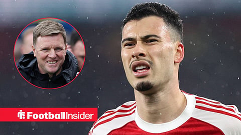 Gabriel Martinelli in action in rain with Eddie Howe smiling left inset