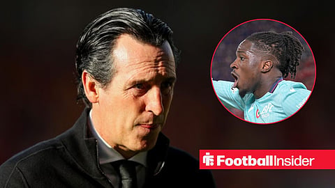 Unai Emery on the sidelines at Aston Villa, with Jonathan Rowe in a circular inset