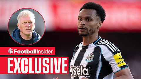 Football Insider exclusive as Newcastle winger Jacob Murphy is in action while Everton manager David Moyes watches from a circular inset.
