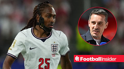 Djed Spence playing at World Cup with mask on and Gary Neville right inset laughing as pundit