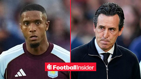 Ezri Konsa in action for Aston Villa, with Unai Emery on the sidelines