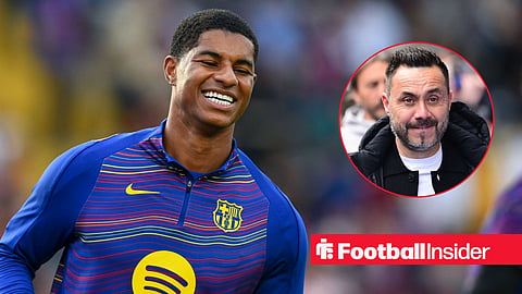 Marcus Rashford warming up for Barcelona with Roberto De Zerbi right inset smiling