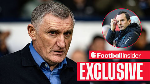 Football Insider exclusive as Blackburn manager Tony Mowbray stares towards QPR boss Julien Stephan, who watches from a circular inset.