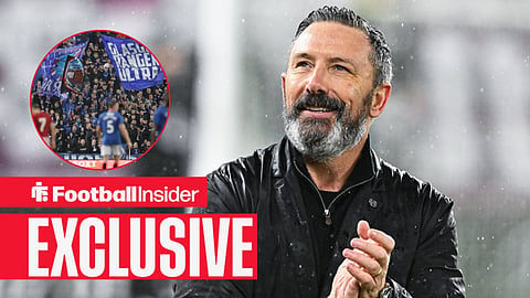 Football Insider exclusive as Derek McInnes applauds, while Rangers fans wave flags in a circular inset.