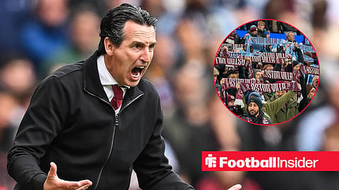 Unai Emery shouting on sideline with Aston Villa fans holding scarves up right inset