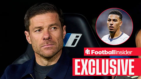 Football Insider exclusive as Chelsea manager Xabi Alonso stares concernedly towards Morgan Rogers, who watches from a circular inset.