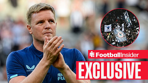 Football Insider exclusive as Newcastle manager Eddie Howe applauds, while the fans wave flags in a circular inset.