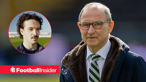 Mika Baur being interviewed in training left inset with Martin O'Neill smiling at camera on pitch in coat
