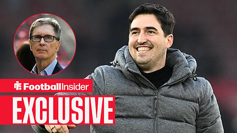 Football Insider exclusive as Liverpool manager Andoni Iraola smiles while owner John Henry watches from a circular inset.
