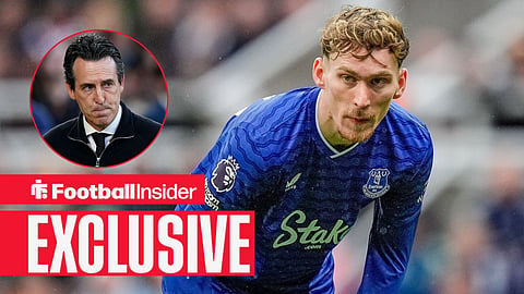 Football Insider exclusive as Everton midfielder James Garner is in action, while Aston Villa manager Unai Emery watches from a circular inset.