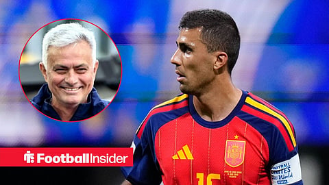 Rodri in action for Spain, with Jose Mourinho in a circular inset