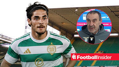 Matteo Cancellieri in a Celtic shirt with Maurizio Sarri in an interview right inset