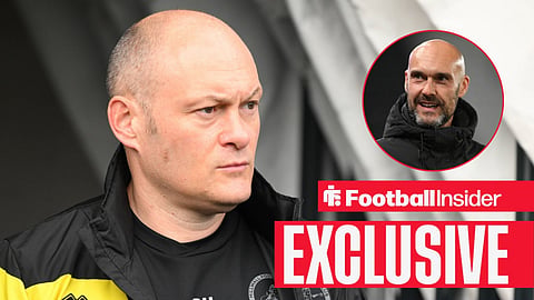 Football Insider exclusive as Millwall manager Alex Neil stares towards Peterborough boss Luke Williams, who watches from a circular inset.