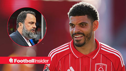 Morgan Gibbs-White in action for Nottingham Forest, with Evangelos Marinakis in a circular inset