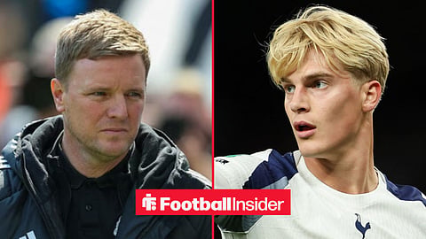 Eddie Howe on the sidelines at Newcastle, with Lucas Bergvall in action for Tottenham