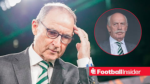 Celtic manager Martin O'Neill scratches his head as owner Dermot Desmond watches from a circular inset.