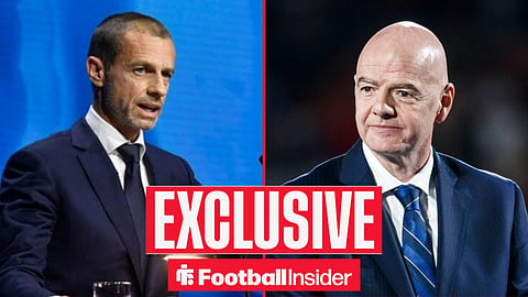 Football Insider exclusive as UEFA leader Aleksander Ceferin stares across a split image towards FIFA president Gianni Infantino.