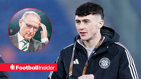 Celtic defender Colby Donovan stares towards manager Martin O'Neill, who scratches his head in a circular inset.