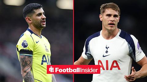 Tottenham defender Cristian Romero and Micky van de Ven feature on either side of a split image.