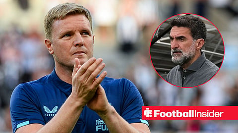 Newcastle manager Eddie Howe applauds as chairman Yasir Al Rumayyan watches from a circular inset.