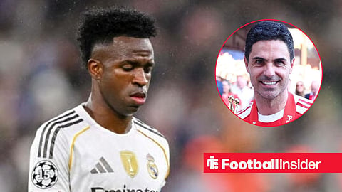 Vinicius Junior in action for Real Madrid, with Mikel Arteta in a circular inset
