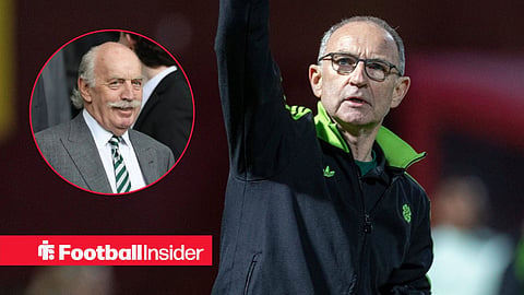 Celtic manager Martin O'Neill raises his arm as owner Dermot Desmond smiles in a circular inset.