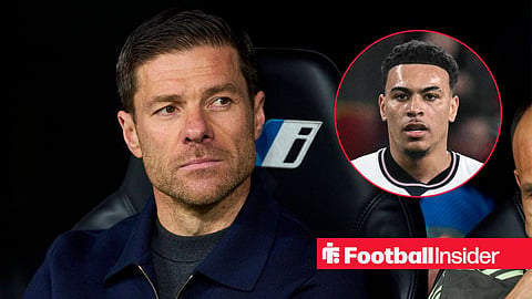 Chelsea manager Xabi Alonso stares towards Morgan Rogers, who is in action in a circular inset.
