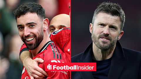 Bruno Fernandes in action for Man United, with Michael Carrick on the sidelines